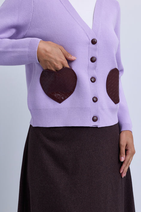 V Neck Button Front Cardigan with Weaved Heart Pockets