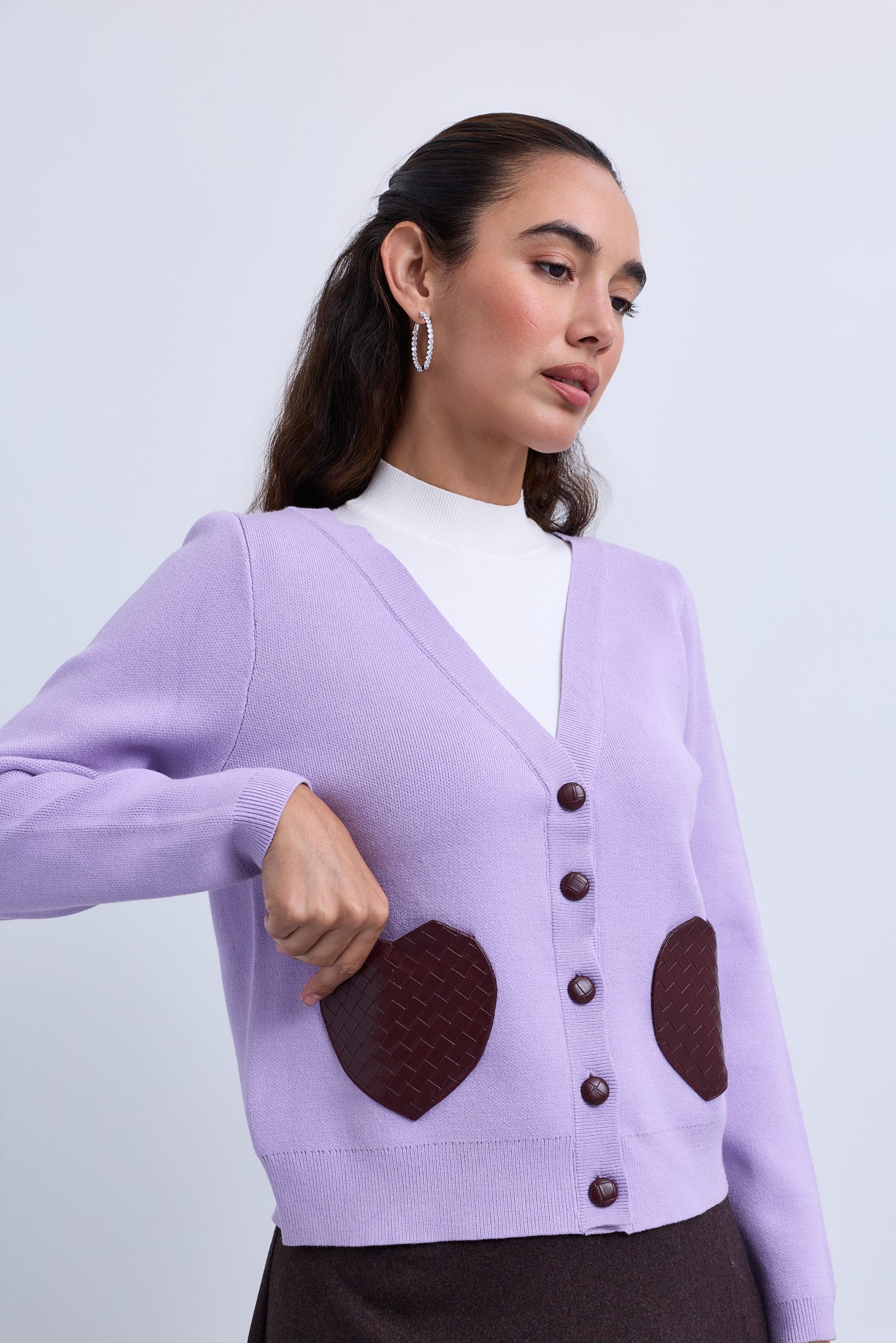 V Neck Button Front Cardigan with Weaved Heart Pockets