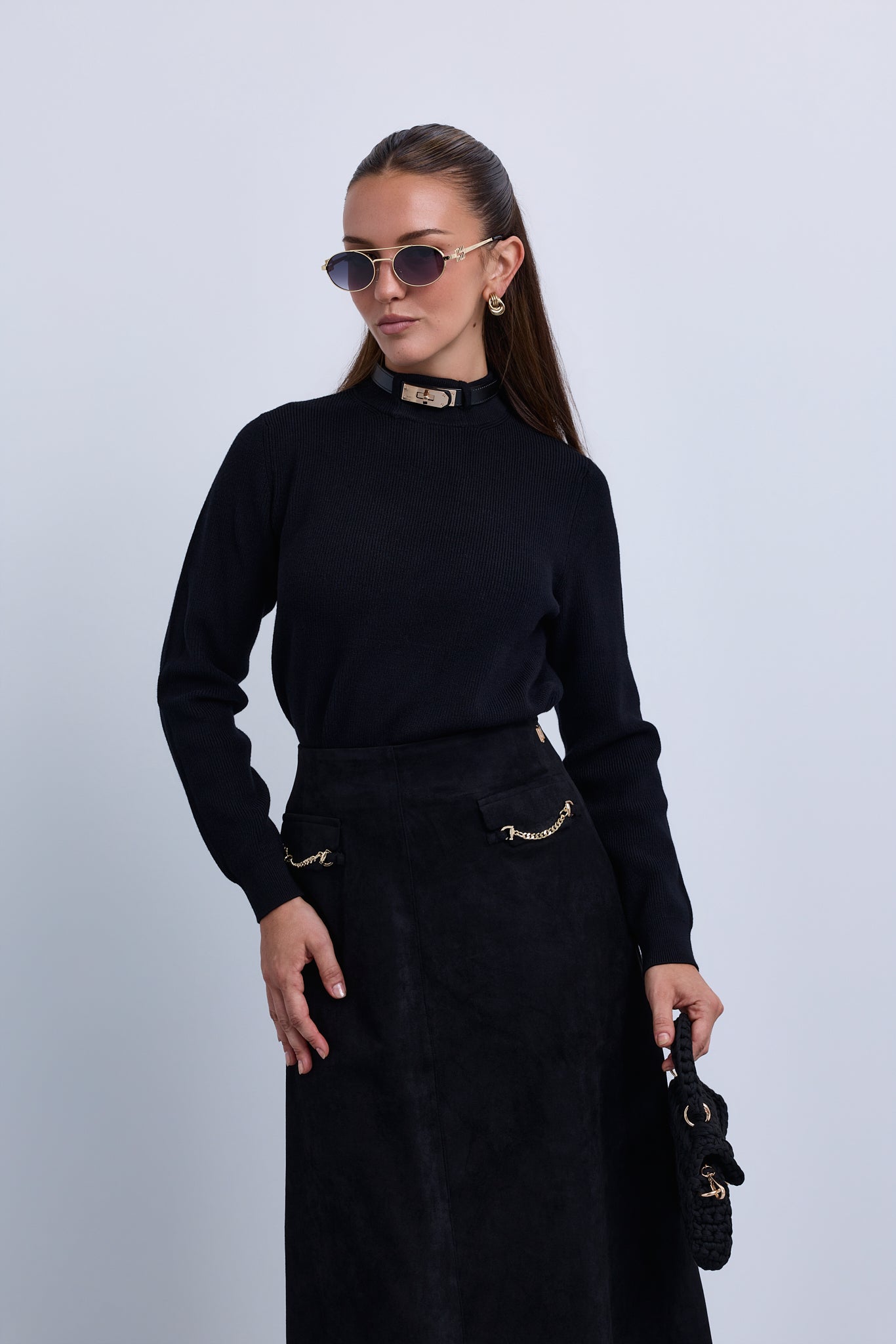 Buckle Collar Mock Neck Knit Sweater