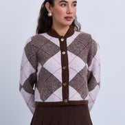 Mohair Knit Argle Pattern Cropped Soft Knit Cardigan