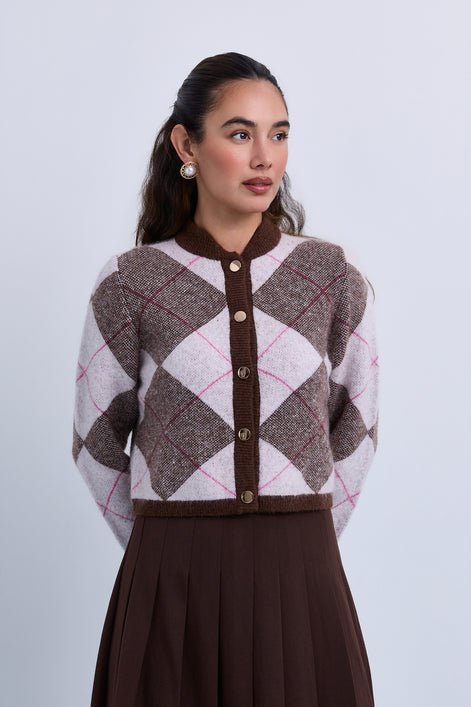 Mohair Knit Argle Pattern Cropped Soft Knit Cardigan
