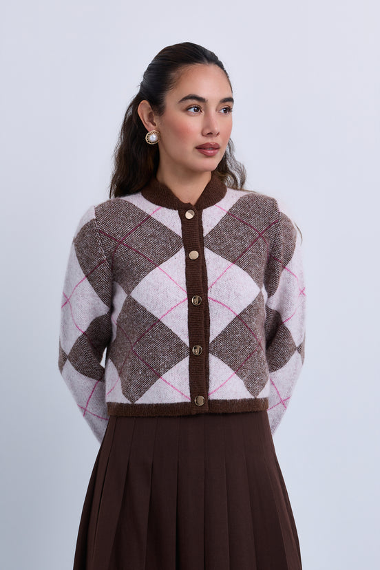 Mohair Knit Argle Pattern Cropped Soft Knit Cardigan