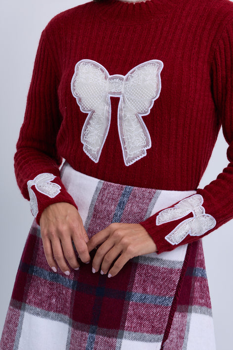 Fine Knit High Neck Top with Inset Bow Details