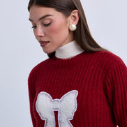 Fine Knit High Neck Top with Inset Bow Details