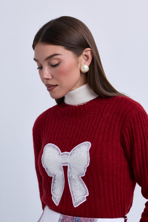 Fine Knit High Neck Top with Inset Bow Details