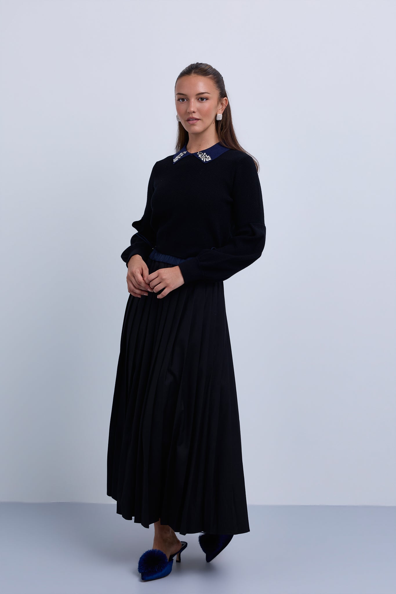 Contrast Embellished Collar Top with Wide Sleeve