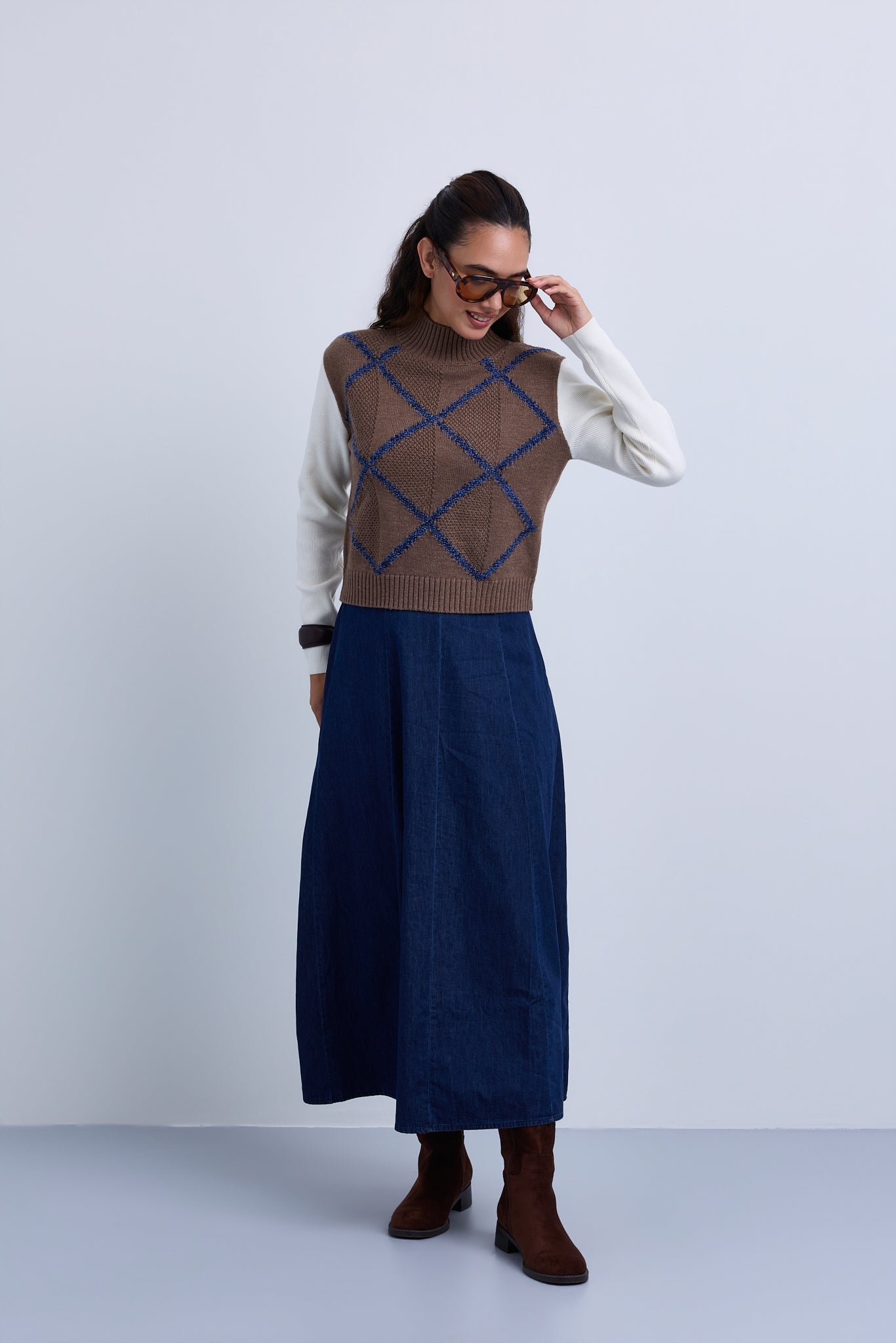 Textured Knit Diamond Design Top with Attached Sleeves