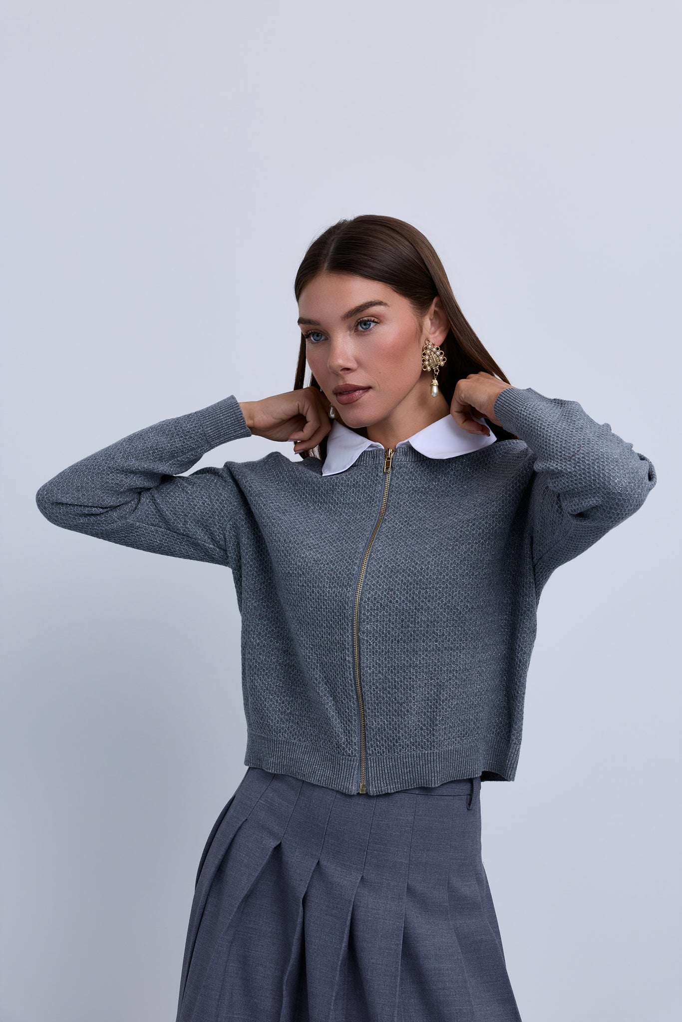 Pebble Texture Sequin Knit Yarn with Shirt Collar