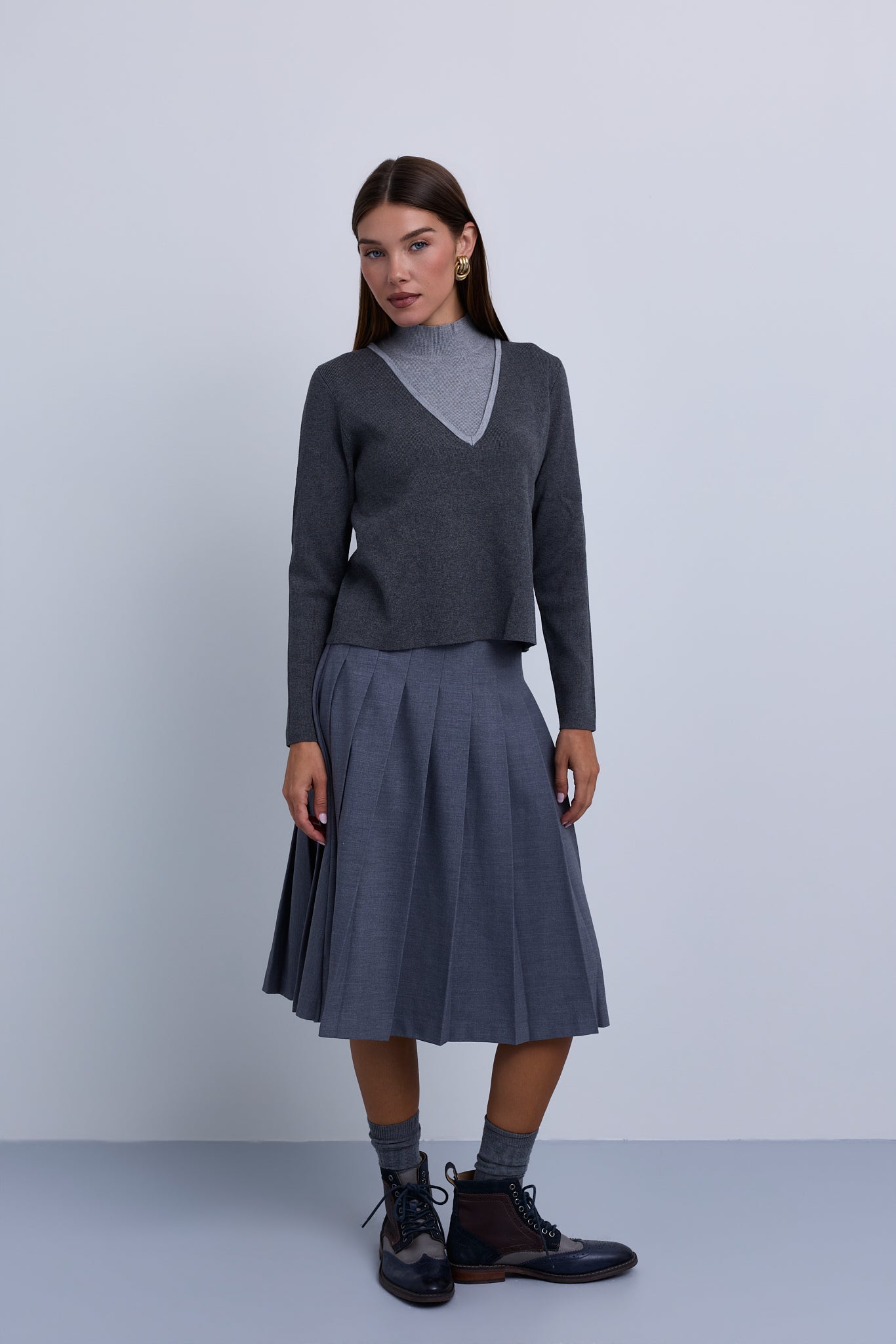 V Neck Design Top With Contrast Piping and High Neck Insert
