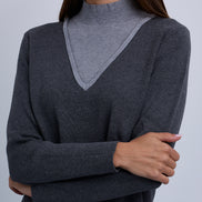 V Neck Design Top With Contrast Piping and High Neck Insert