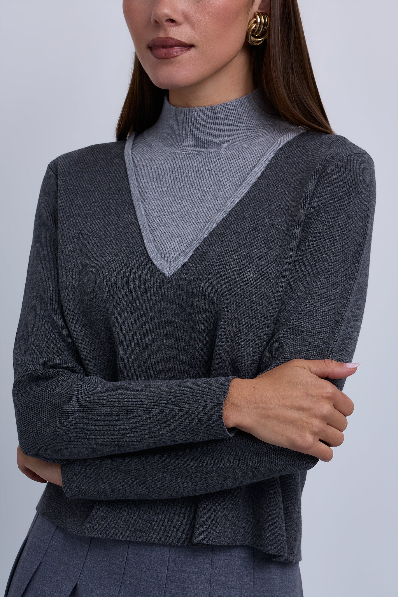 V Neck Design Top With Contrast Piping and High Neck Insert