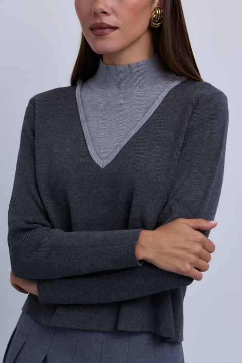V Neck Design Top With Contrast Piping and High Neck Insert