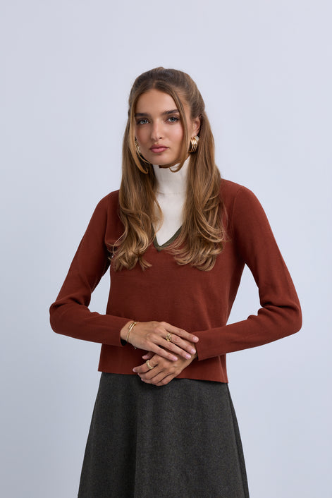 V Neck Design Top With Contrast Piping and High Neck Insert