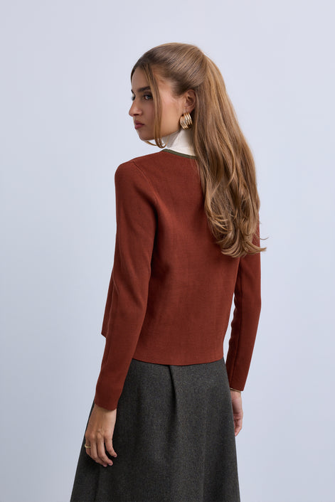 V Neck Design Top With Contrast Piping and High Neck Insert
