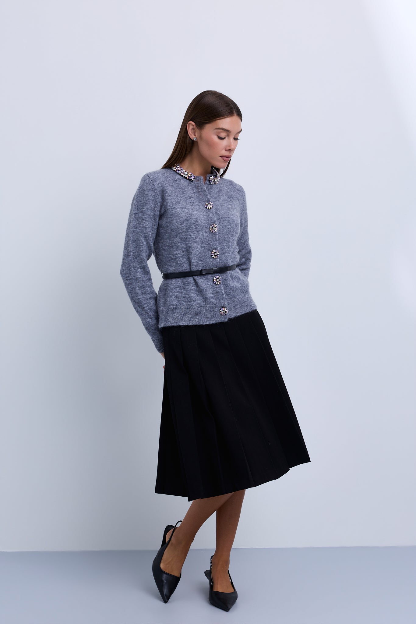 Knit Belted Cardigan with Embellished Neckline and Buttons