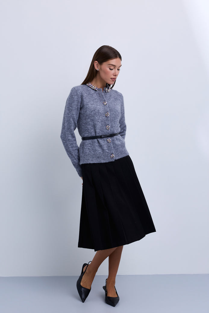 Knit Belted Cardigan with Embellished Neckline and Buttons
