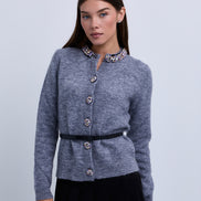Knit Belted Cardigan with Embellished Neckline and Buttons