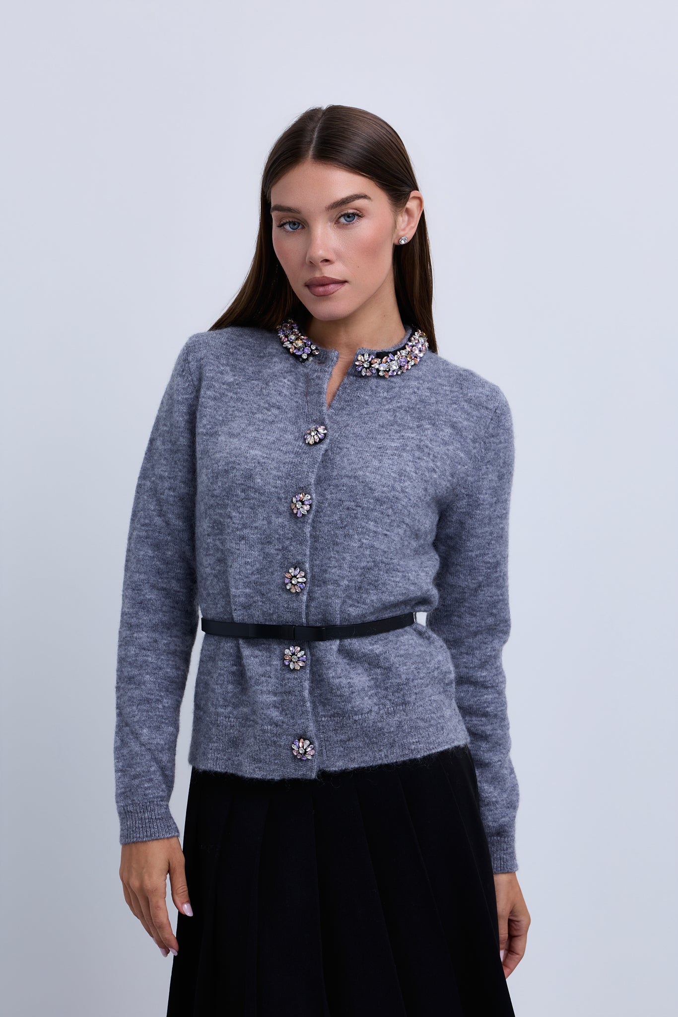 Knit Belted Cardigan with Embellished Neckline and Buttons