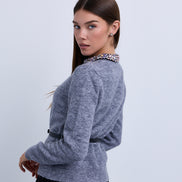 Knit Belted Cardigan with Embellished Neckline and Buttons