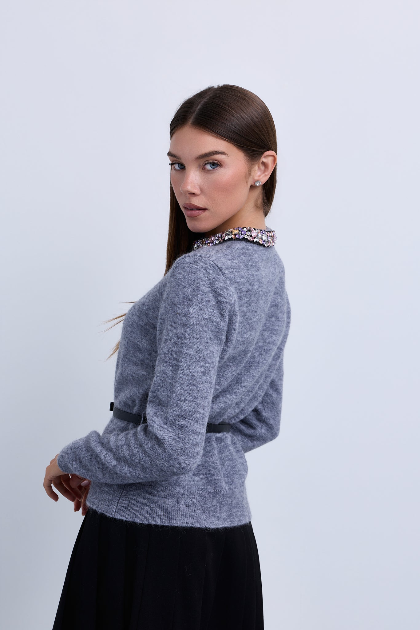 Knit Belted Cardigan with Embellished Neckline and Buttons