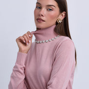 Fine Knit Hi Neck Top with embellished Neckline - Black
