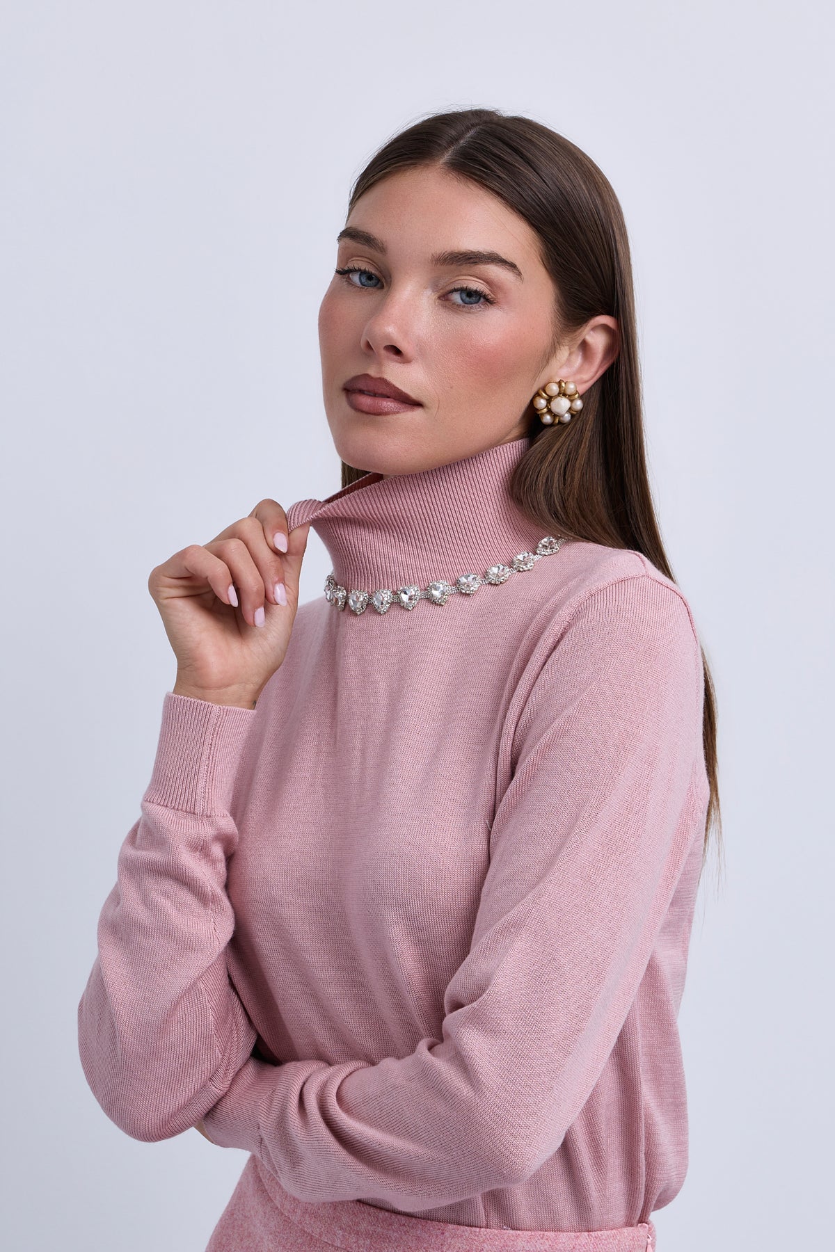 Fine Knit Hi Neck Top with embellished Neckline - Black