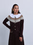 Intarsia Design Knitted Cardigan with Wide Broderie Cotton Shirt Collar and Cuffs