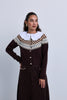Intarsia Design Knitted Cardigan with Wide Broderie Cotton Shirt Collar and Cuffs