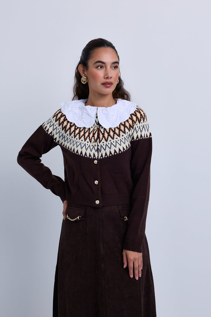 Intarsia Design Knitted Cardigan with Wide Broderie Cotton Shirt Collar and Cuffs