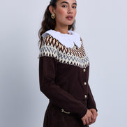 Intarsia Design Knitted Cardigan with Wide Broderie Cotton Shirt Collar and Cuffs