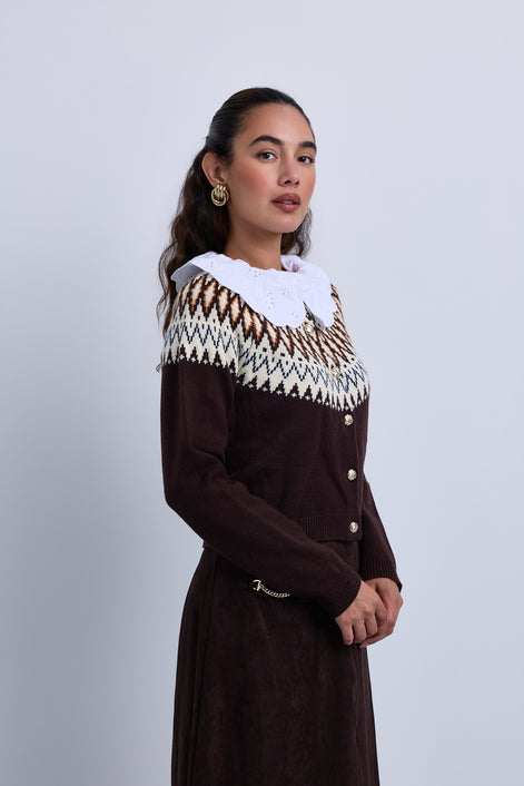 Intarsia Design Knitted Cardigan with Wide Broderie Cotton Shirt Collar and Cuffs
