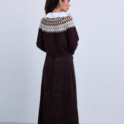 Intarsia Design Knitted Cardigan with Wide Broderie Cotton Shirt Collar and Cuffs