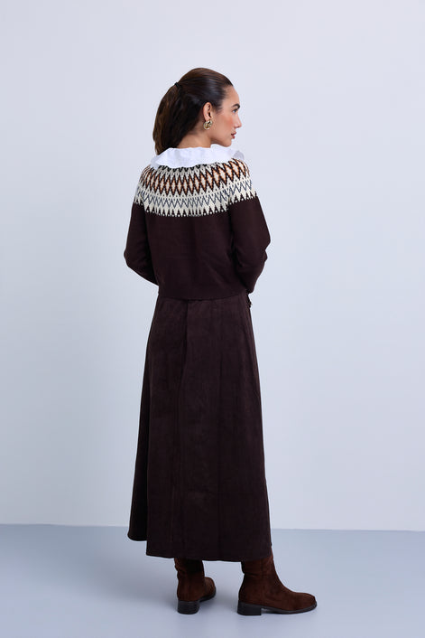 Intarsia Design Knitted Cardigan with Wide Broderie Cotton Shirt Collar and Cuffs