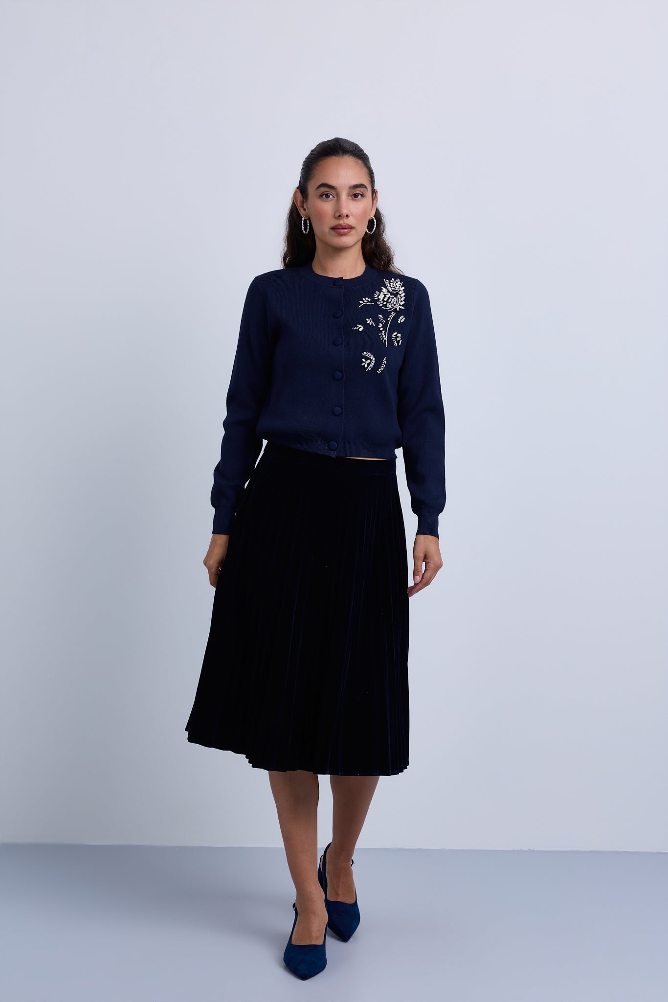 Button Front Knitted Cardigan with Side Beaded Flower Design