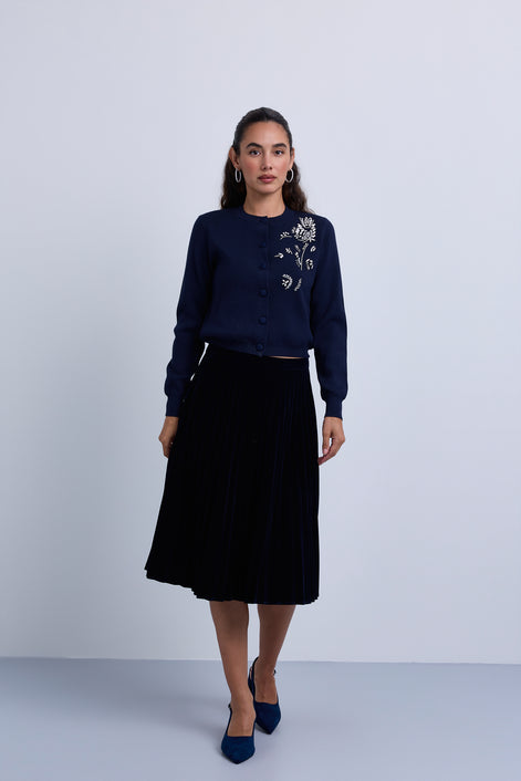 Button Front Knitted Cardigan with Side Beaded Flower Design