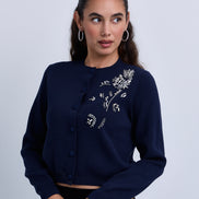 Button Front Knitted Cardigan with Side Beaded Flower Design