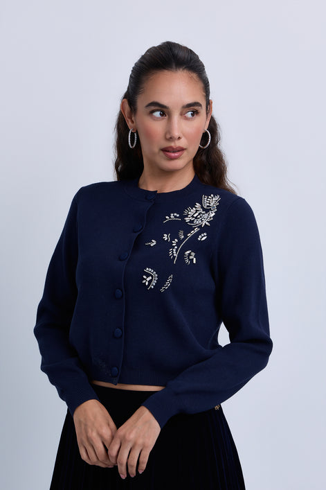 Button Front Knitted Cardigan with Side Beaded Flower Design