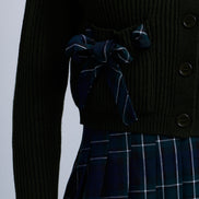 Ribbed Knit Buttoned Cardigan with Ribbon Bow Pockets
