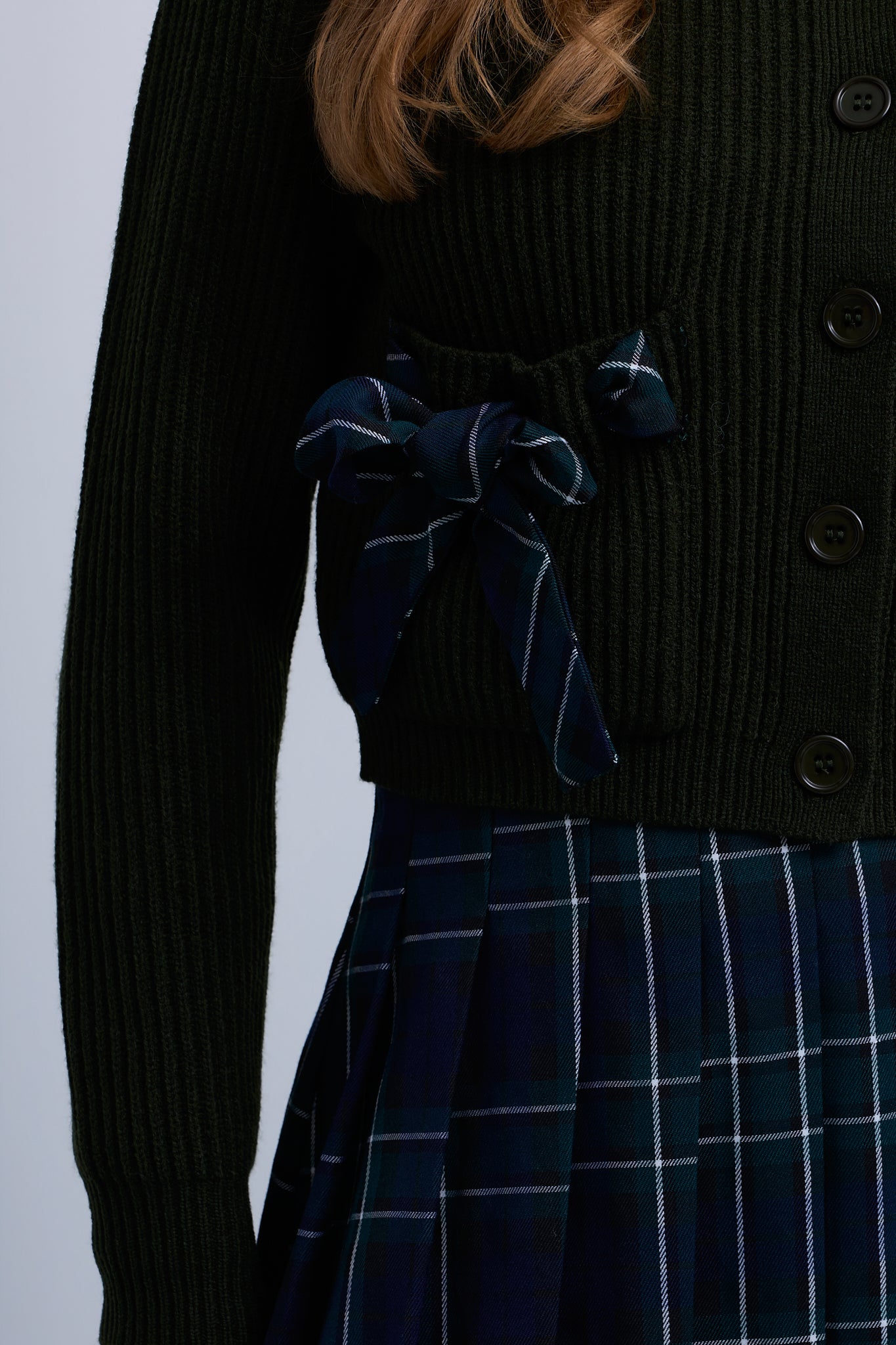 Ribbed Knit Buttoned Cardigan with Ribbon Bow Pockets