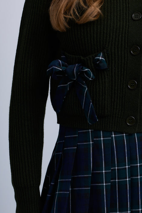 Ribbed Knit Buttoned Cardigan with Ribbon Bow Pockets