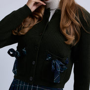 Ribbed Knit Buttoned Cardigan with Ribbon Bow Pockets