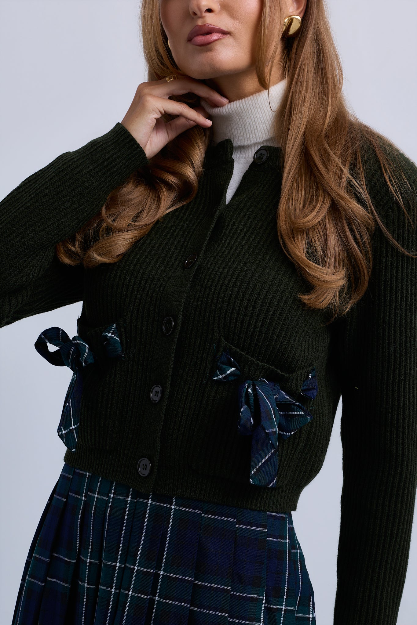 Ribbed Knit Buttoned Cardigan with Ribbon Bow Pockets