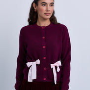 Ribbed Knit Buttoned Cardigan with Ribbon Bow Pockets