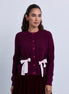 Ribbed Knit Buttoned Cardigan with Ribbon Bow Pockets - Burgundy