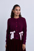 Ribbed Knit Buttoned Cardigan with Ribbon Bow Pockets - Burgundy