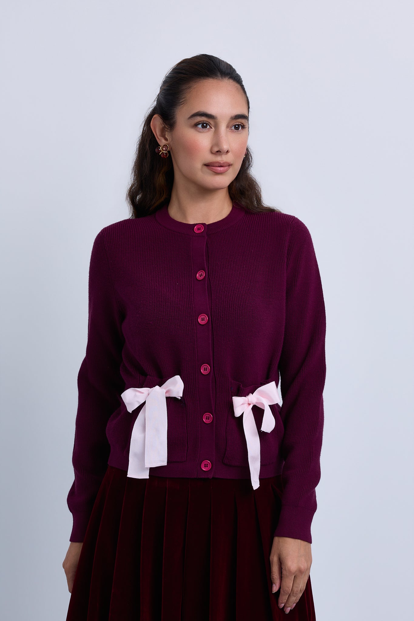 Ribbed Knit Buttoned Cardigan with Ribbon Bow Pockets