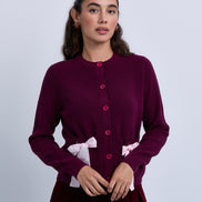 Ribbed Knit Buttoned Cardigan with Ribbon Bow Pockets