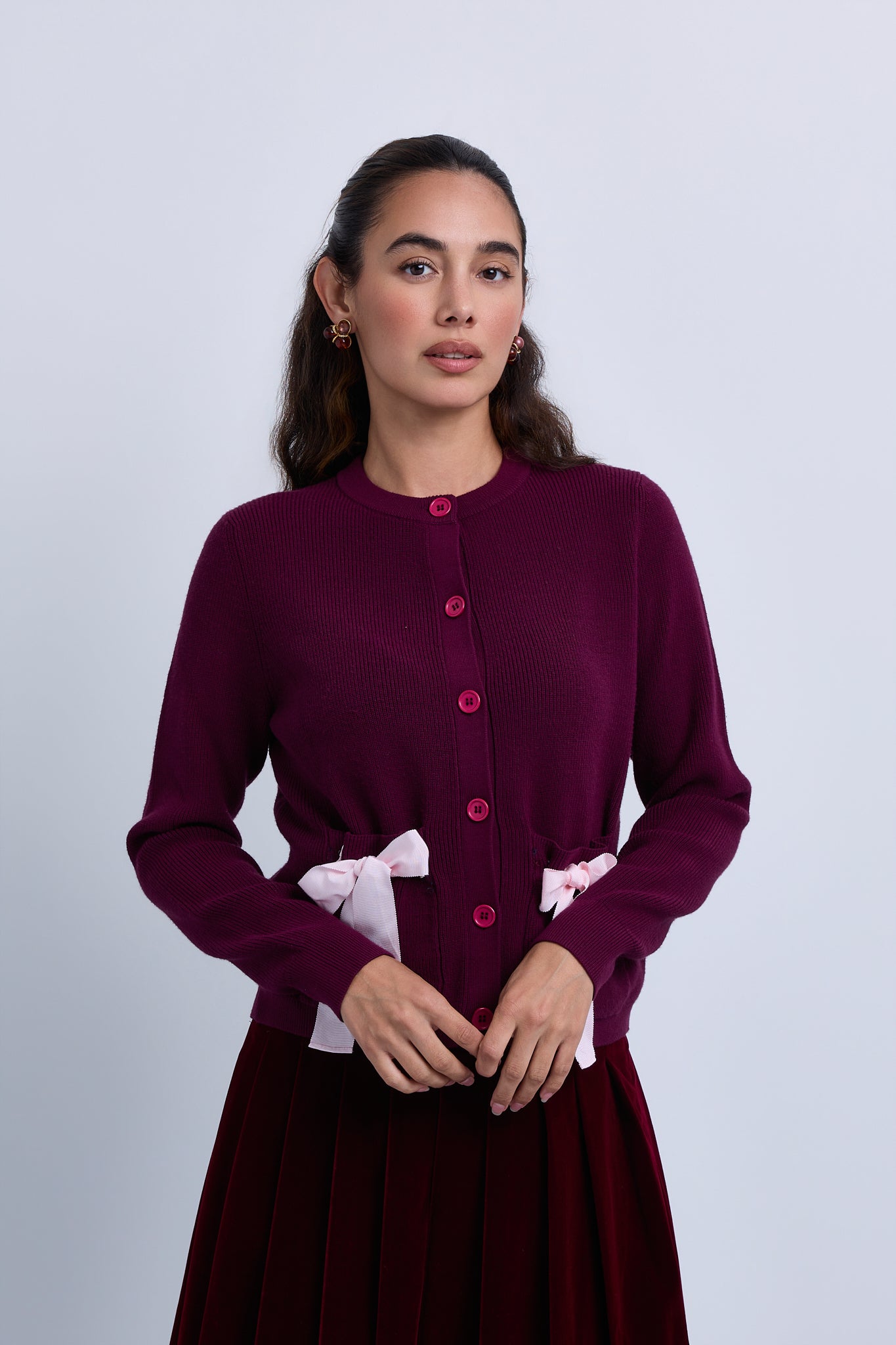 Ribbed Knit Buttoned Cardigan with Ribbon Bow Pockets