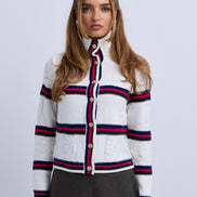Cable Design Wide Collar Buttoned Cardigan with Stripe Insets