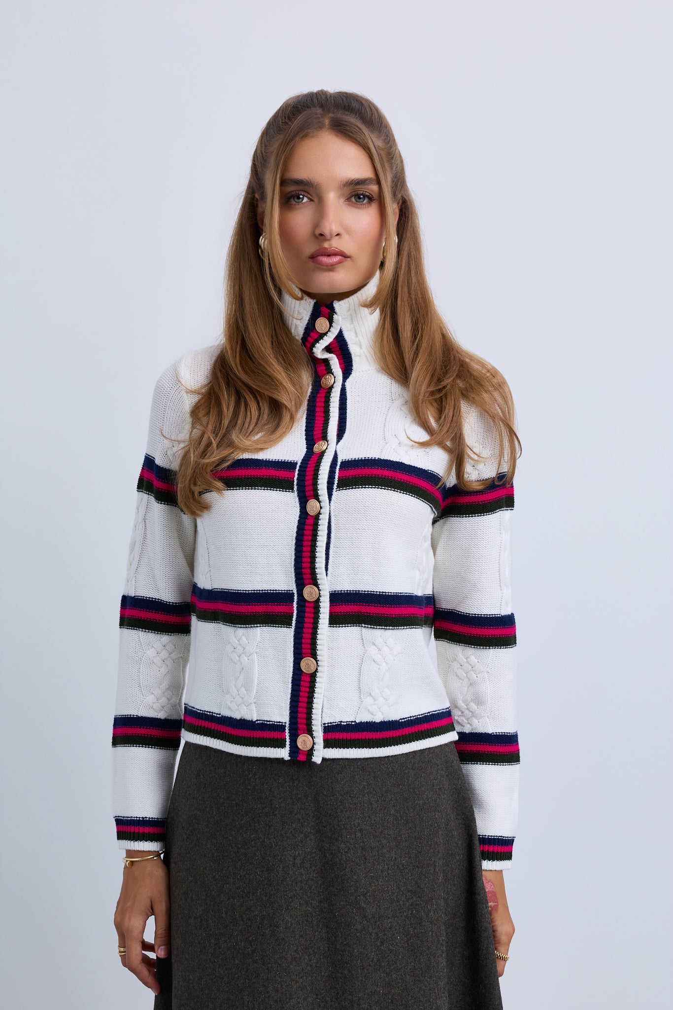 Cable Design Wide Collar Buttoned Cardigan with Stripe Insets